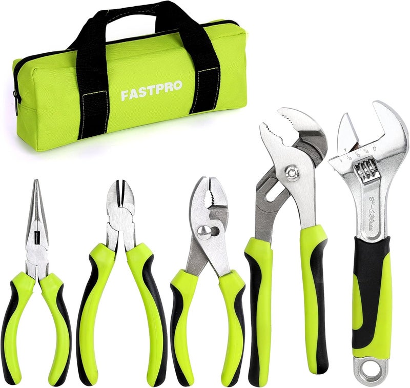 FASTPRO 5-Piece Utility Pliers Set with Storage Bag, Includes Groove Joint, Diagonal, Long Nose, Slip Joint Pliers and 8" Adjustable Wrench, Green - Image 1